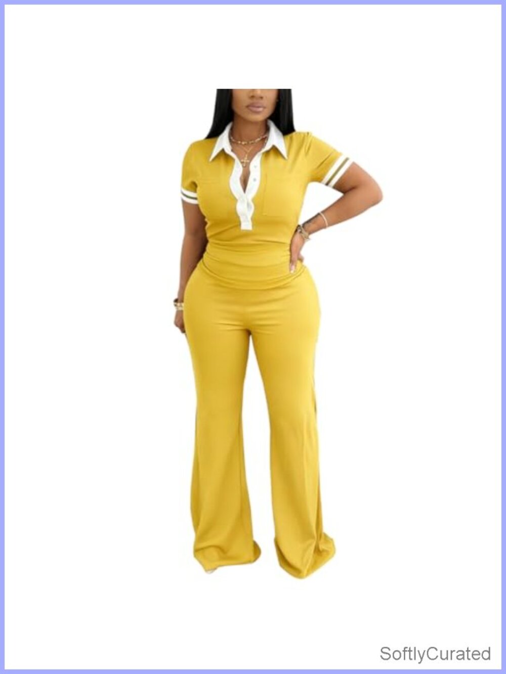 Women's 2 Piece Polo Set Short Sleeve Color Block Top Wide Leg Pants Retro